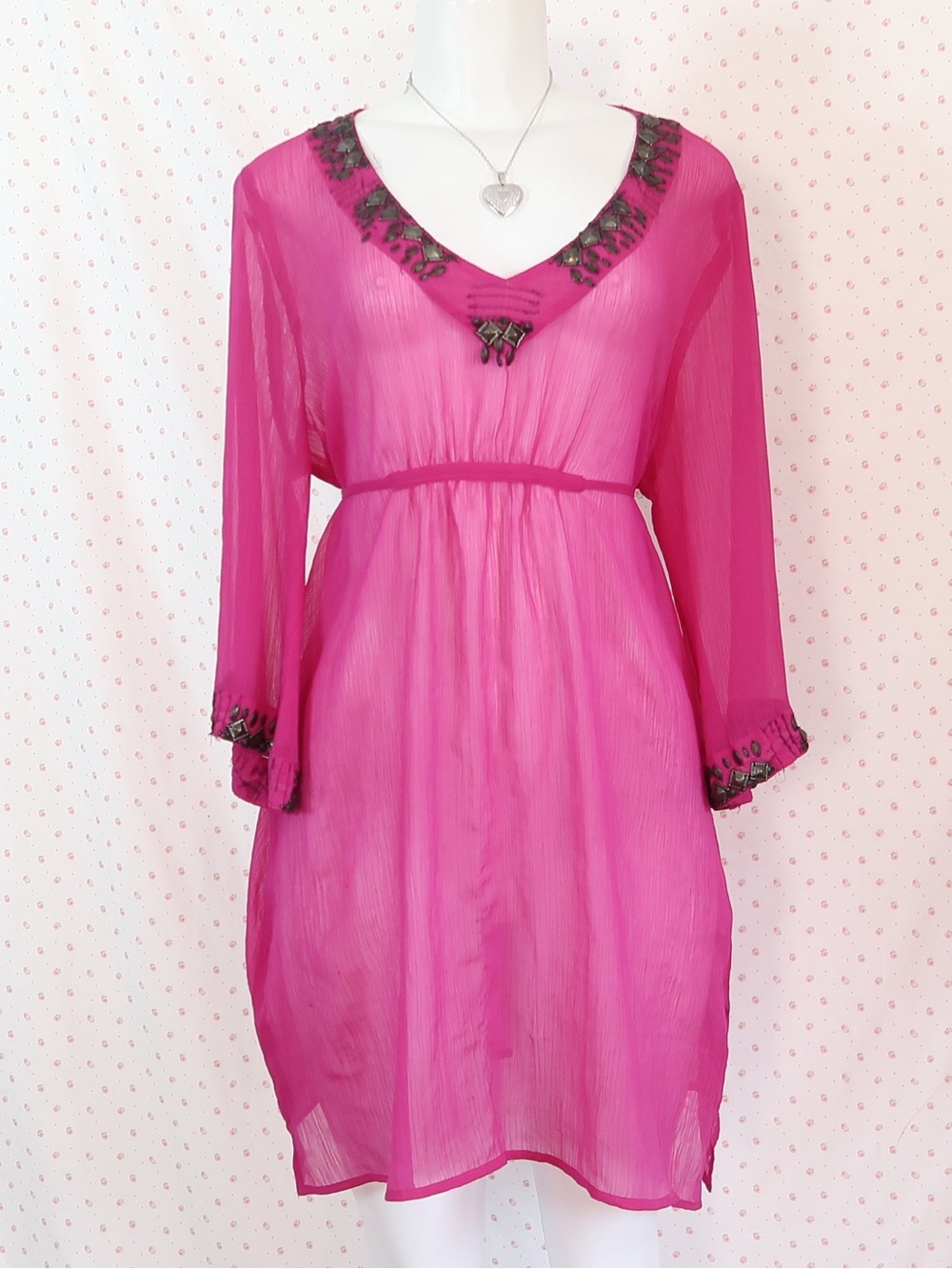 Sheer Fuchsia Mini Dress with Embroidered V-Neck
